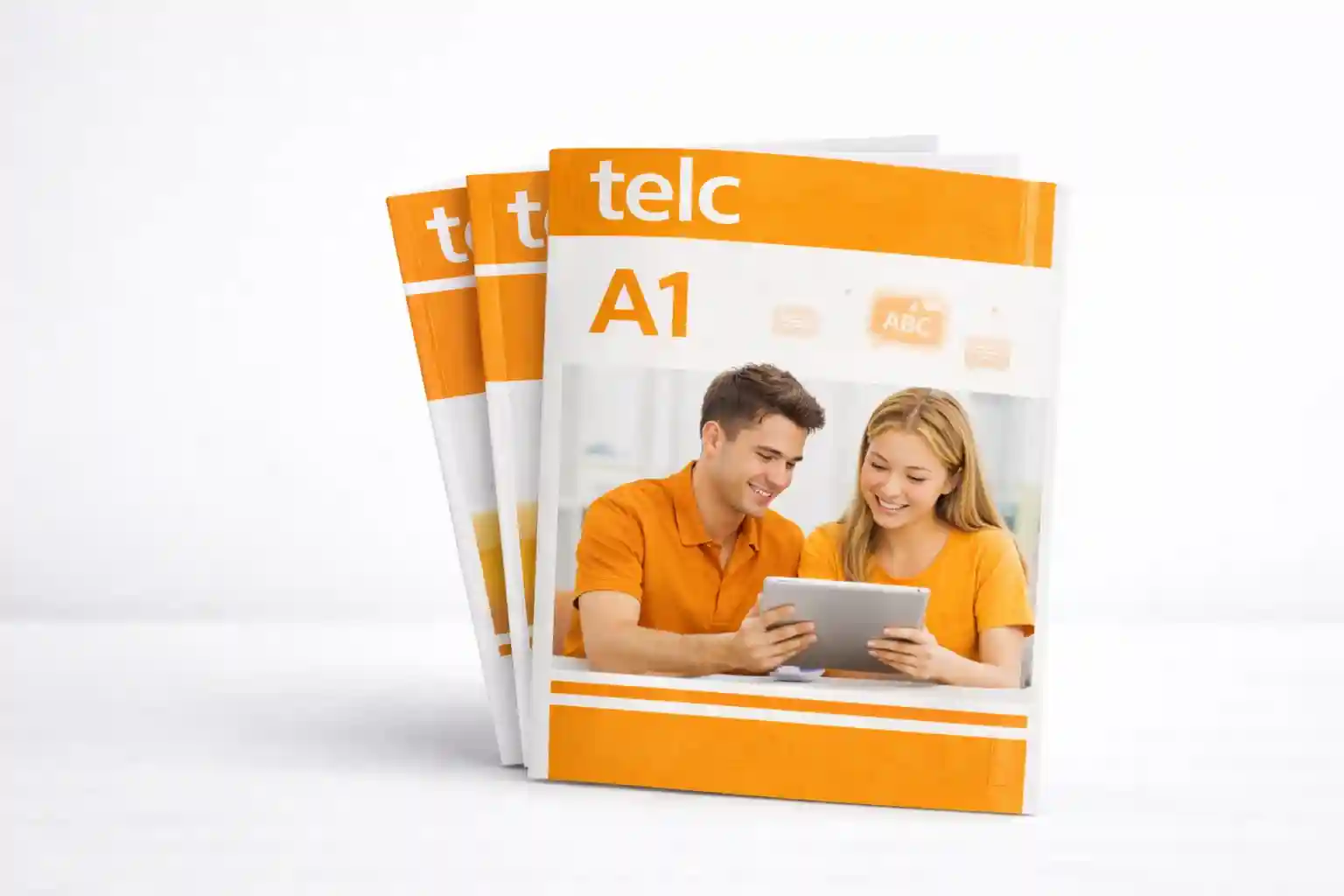 telc A1 Prüfung Vorbereitung mit Büchern in orange und Lernenden mit Tablet auf dem Cover.