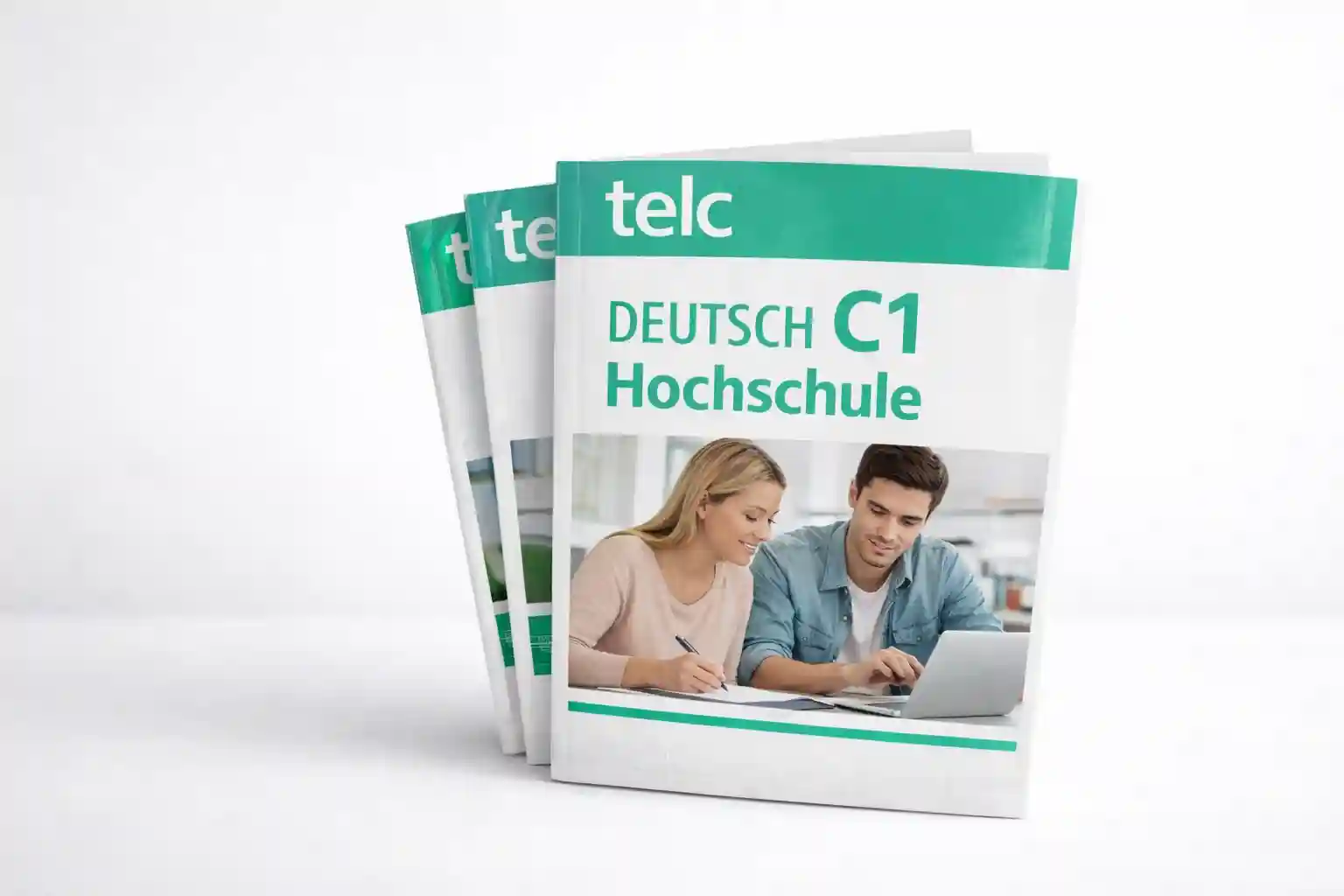 telc C1 Hochschule - Deutsch C1 Hochschule Bücher zur Prüfungsvorbereitung mit Lernenden am Laptop auf dem Cover.