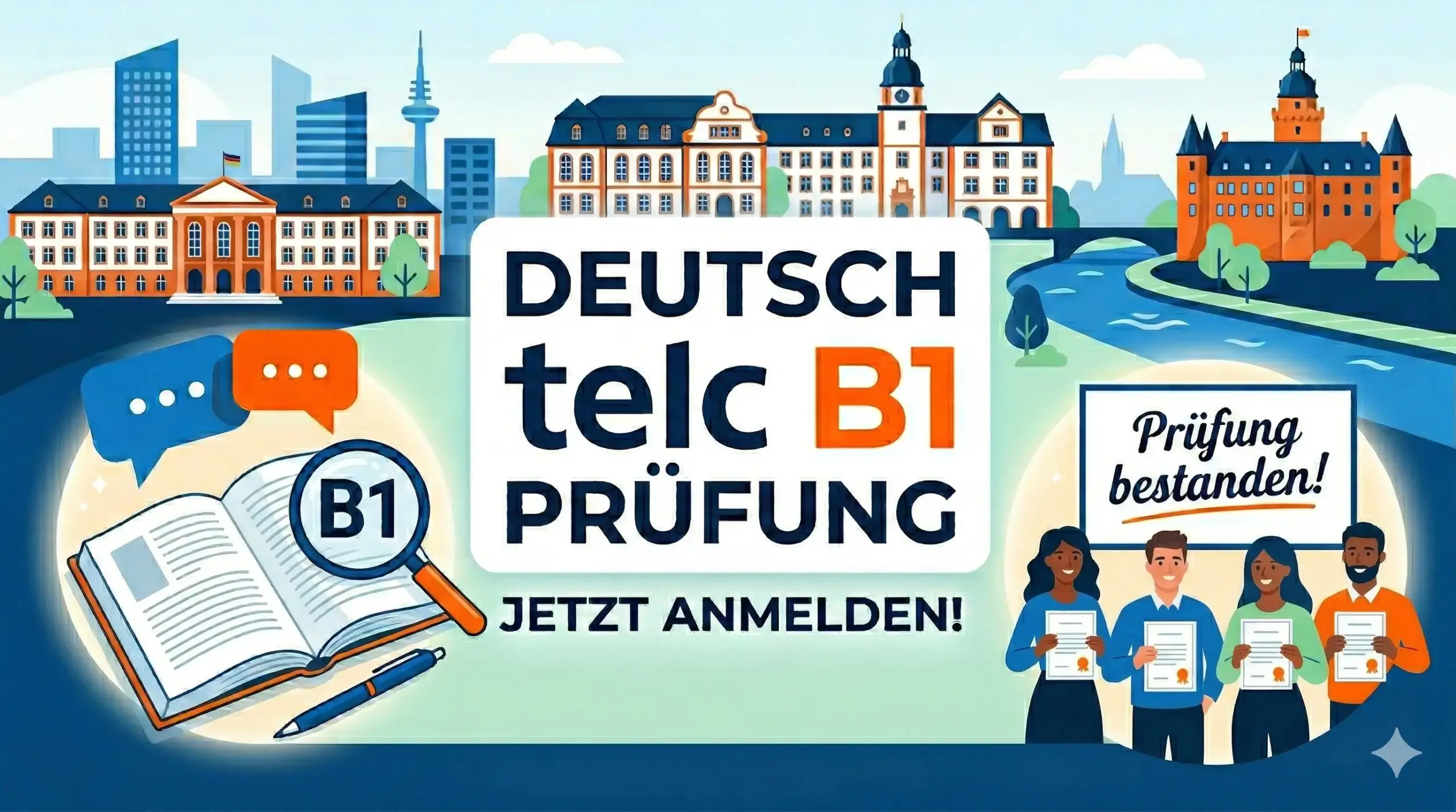 Illustriertes Banner für die telc B1 Deutsch Prüfung in Gießen mit Stadtpanorama, Lernmaterialien und erfolgreichen Absolventen mit Zertifikaten.
