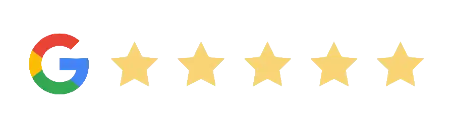 Google Logo mit fünf goldenen Sternen als Symbol für eine 5-Sterne-Bewertung