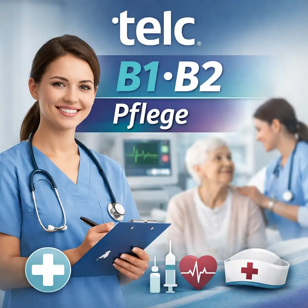 Pflegekraft in medizinischer Arbeitskleidung mit Clipboard vor einem Krankenhausumfeld – Darstellung der telc B1∙B2 Pflege Deutschprüfung für Pflegeberufe.