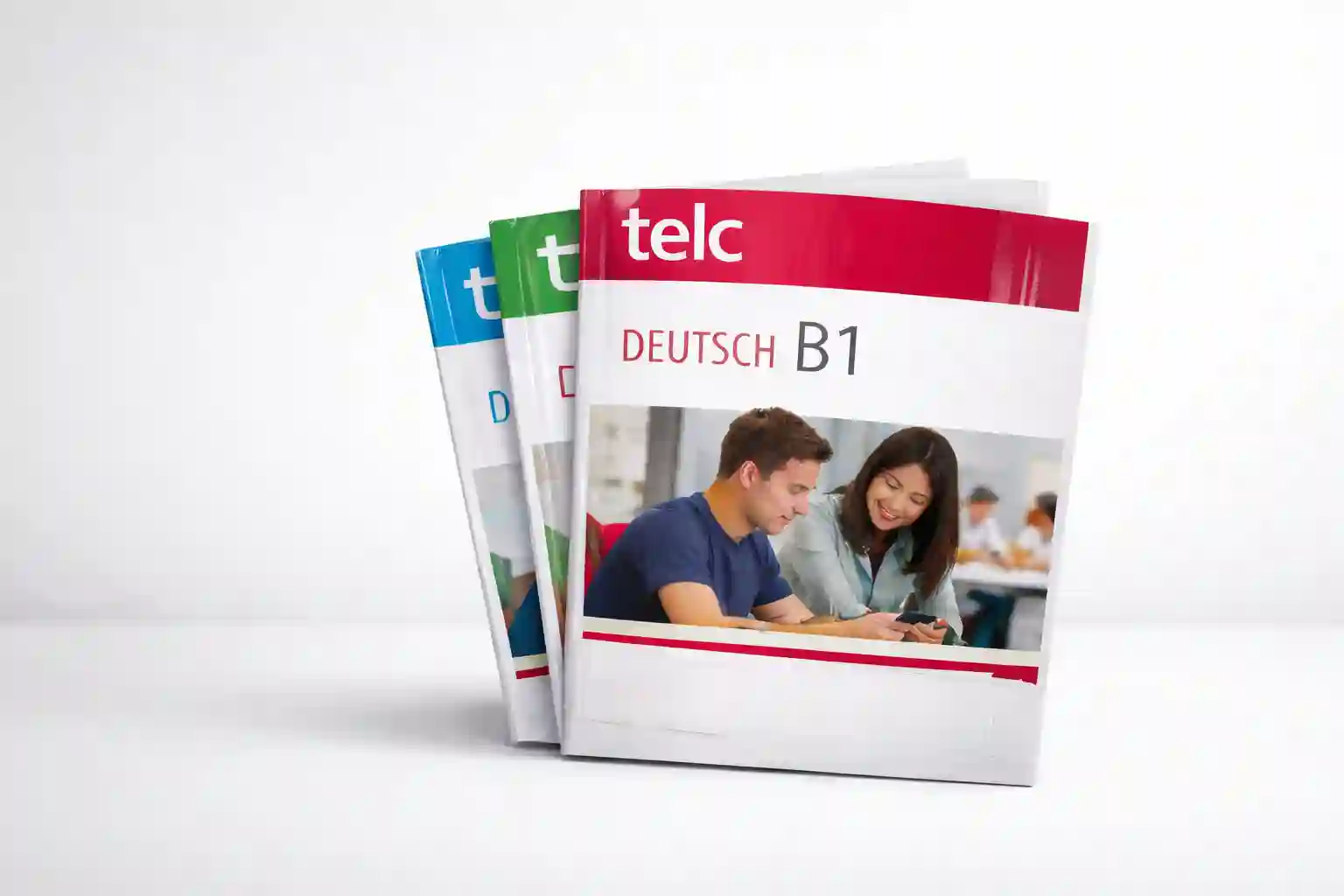 telc Sprachbücher für telc B1 Prüfung in Frankfurt am Main auf schlichtem Hintergrund