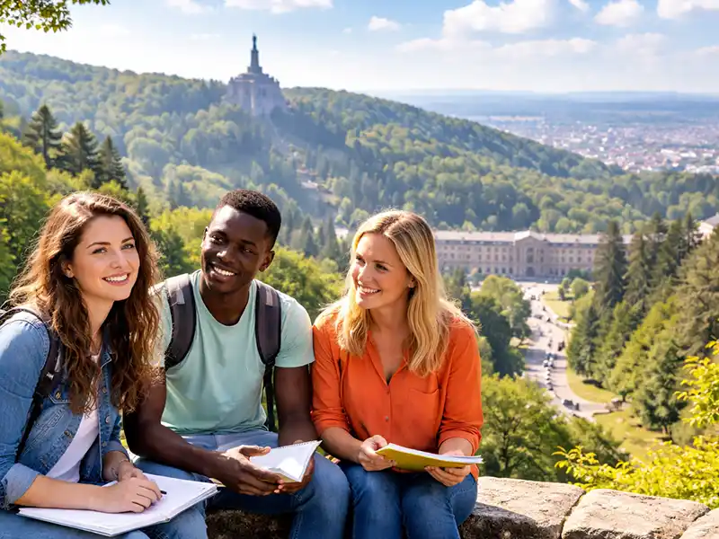 Gruppe von Lernenden mit Notizen im Freien in Kassel vor dem Herkules-Denkmal – Vorbereitung auf die telc B1 Prüfung in Kassel (telc Deutsch B1 Prüfung).