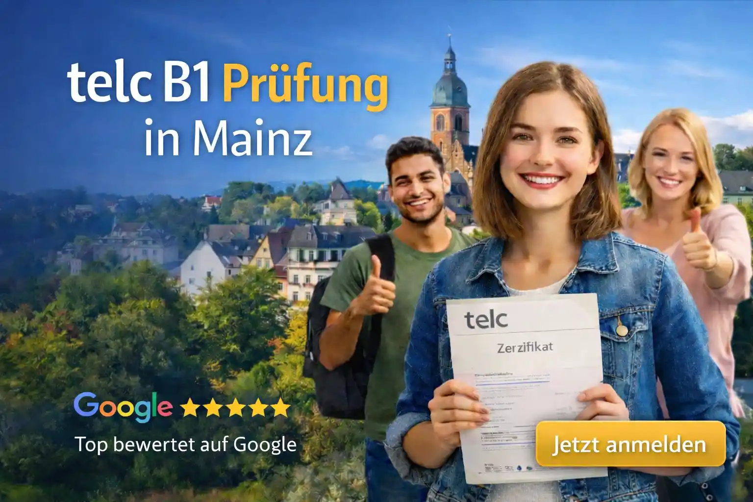 telc B1 Prüfung in Mainz – Teilnehmer mit telc Zertifikat vor der Stadt Mainz, daneben weitere erfolgreiche Prüfungsteilnehmer und Hinweis auf sehr gute Google-Bewertungen