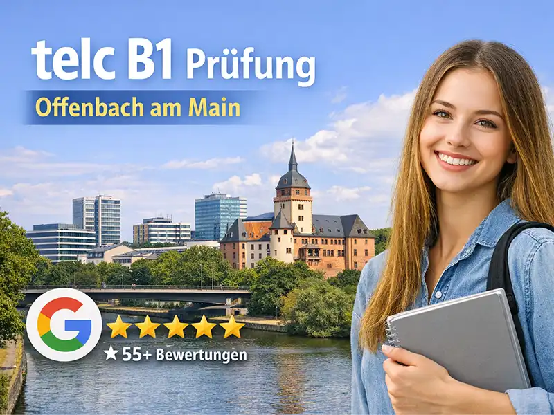 Frau lernt Deutsch am Mainufer mit Skyline im Hintergrund – Vorbereitung auf telc B1 Prüfung in Offenbach am Main.