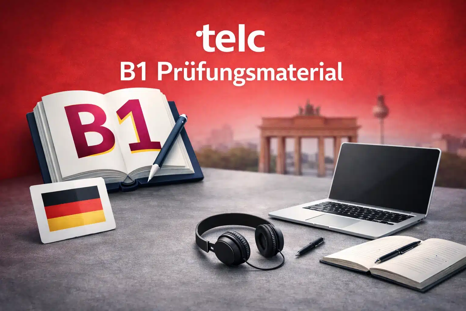 telc B1 Deutsch Prüfung Lernmaterial und Vorbereitung mit Buch und Laptop