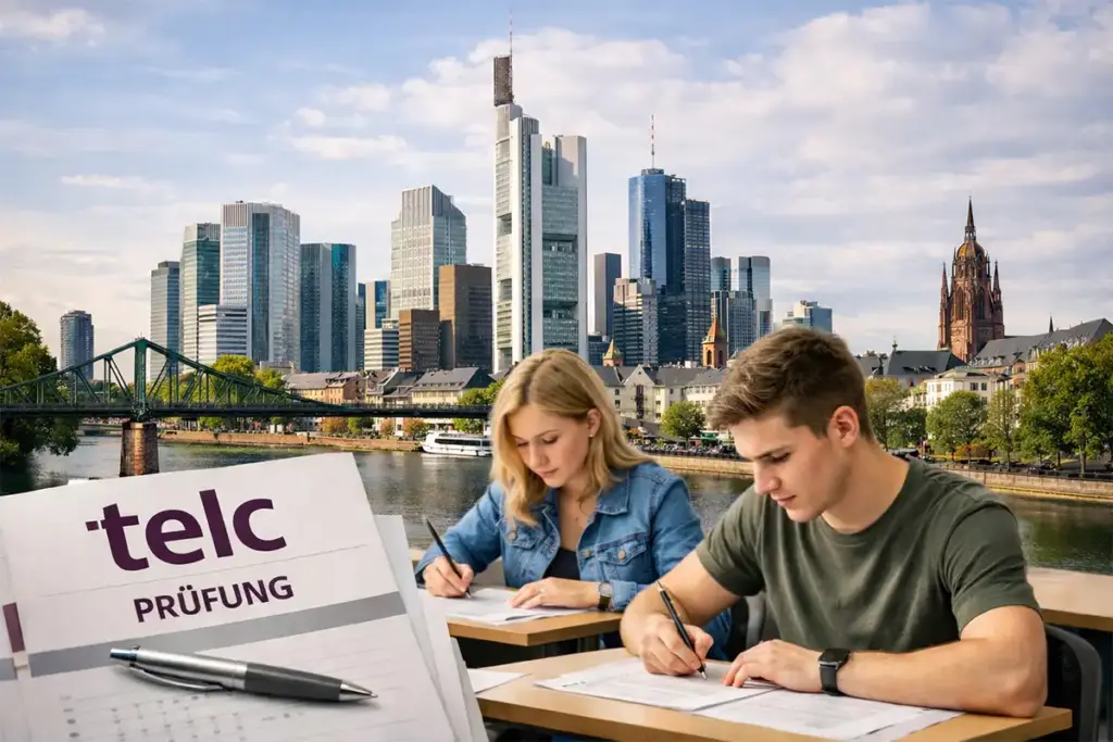 Zwei Teilnehmende schreiben konzentriert eine telc Sprachprüfung in einem Prüfungsraum. Im Hintergrund ist die Skyline von Frankfurt am Main zu sehen. Das Bild steht für telc Prüfungen in Frankfurt am Main und im Rhein-Main Gebiet.