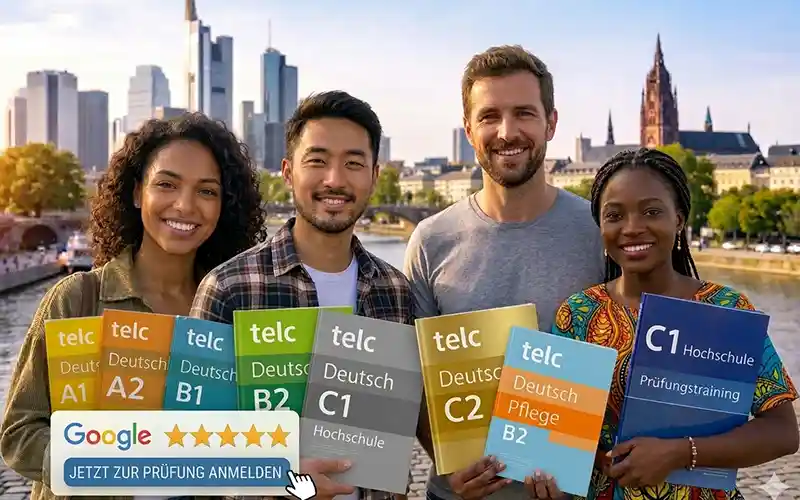 Teilnehmer der telc Prüfung in Frankfurt mit telc Deutschbüchern vor Skyline von Frankfurt