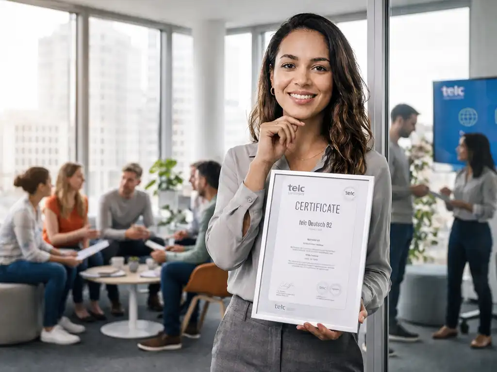 Eine lächelnde junge Frau in einem modernen, hellen Büro hält stolz ihr gerahmtes telc Zertifikat, die sie im Rahmen der telc Prüfung erworben hat, in die Kamera. Im Hintergrund ist eine dynamische Lerngruppe in einem gläsernen Seminarraum zu sehen.