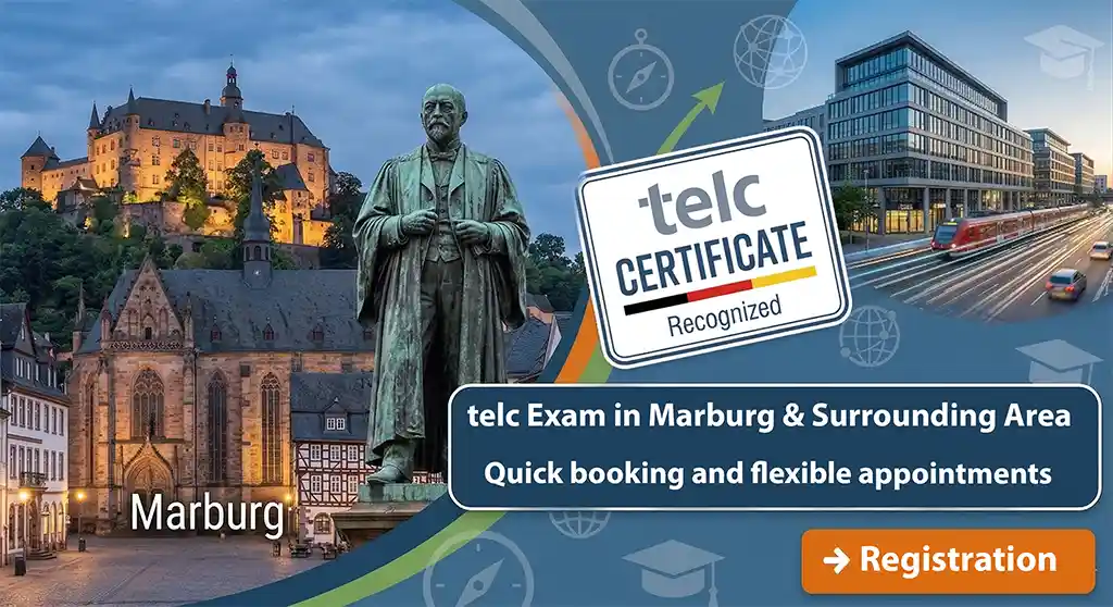 Promotional banner for telc exams in Marburg and the surrounding area. The image shows historic landmarks of Marburg on the left, an official recognized telc certificate logo in the center, and a modern train station on the right. Text reads: "telc Exam in Marburg & Surrounding Area - Quick booking and flexible appointments" with a Registration button.