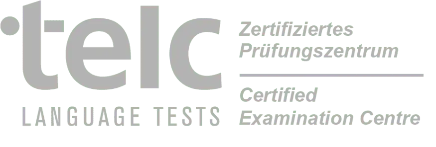 Auf der linken Spalte steht das graue Logo von Telc gGmbH für das zertifizierte telc Prüfungszentrum Frankfurt am Main.