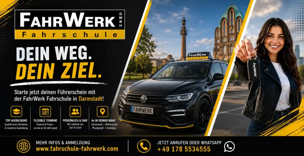 FahrWerk Fahrschule Darmstadt mit modernem Fahrschulfahrzeug vor Darmstädter Wahrzeichen. Fahrausbildung mit flexiblen Terminen und erfahrenen Fahrlehrern in Darmstadt, Weiterstadt, Pfungstadt und Arheilgen.