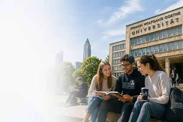 Studierende lernen gemeinsam auf dem Campus der Goethe-Universität Frankfurt und bereiten sich auf die telc C1 Hochschule Prüfung in Frankfurt am Main vor.