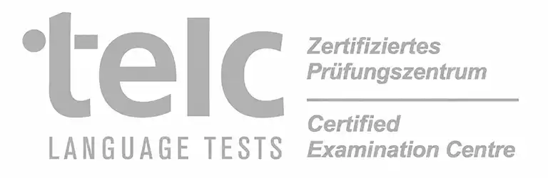 Auf der linken Spalte steht das graue Logo von Telc gGmbH für das zertifizierte telc Prüfungszentrum in Frankfurt am Main.