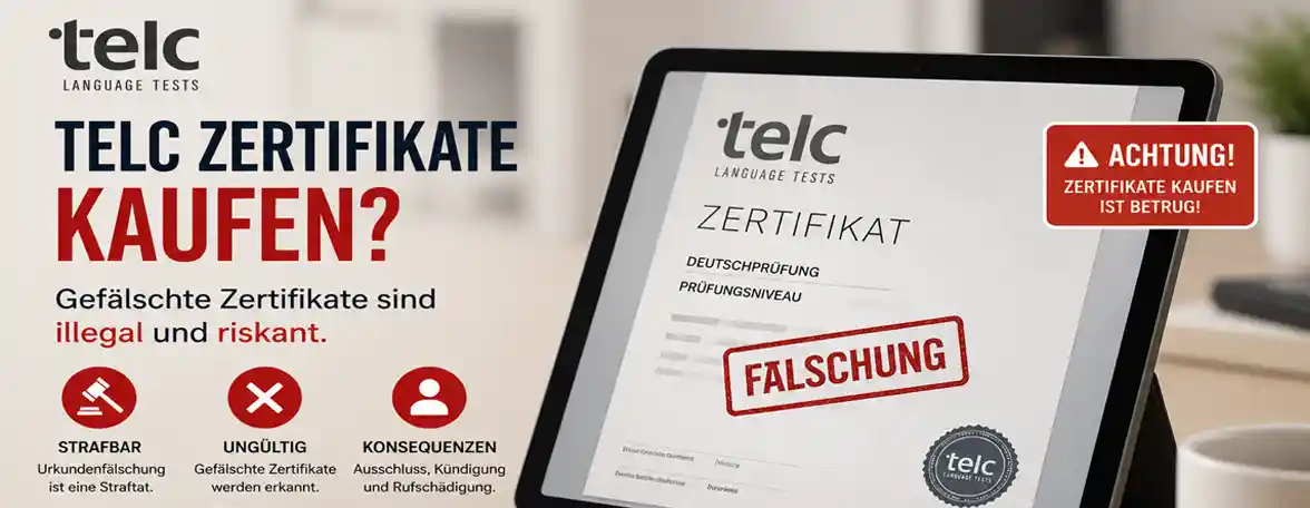 Warnbild zum Thema gefälschte Sprachzertifikate und strafrechtliche Folgen